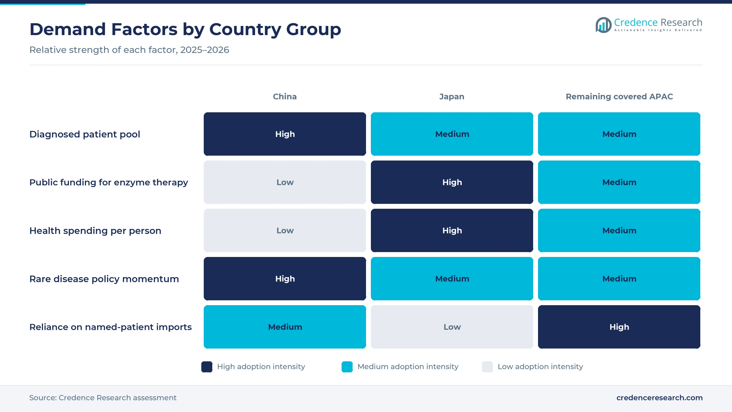 Heatmap rating diagnosed patient pool, public funding, health spending per person, rare disease policy momentum and reliance on named-patient imports for China, Japan and the remaining covered Asia Pacific markets