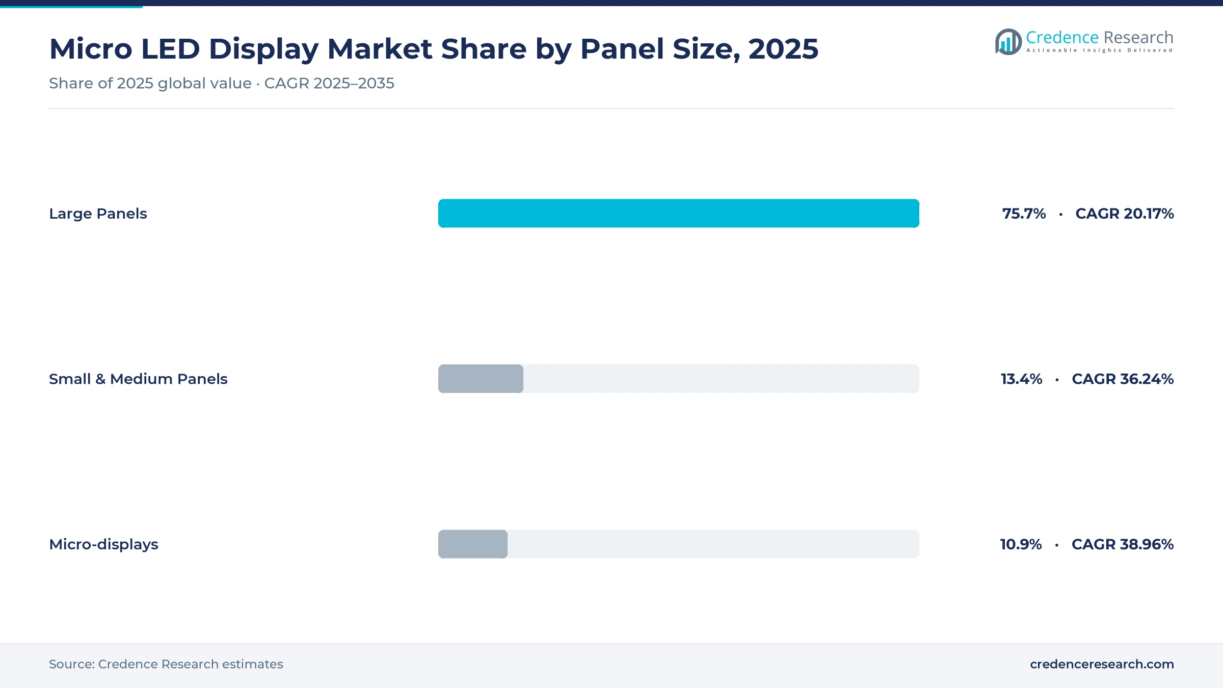Micro LED display market share by panel size, 2025: large panels 75.7%, small and medium panels 13.4%, micro-displays 10.9%